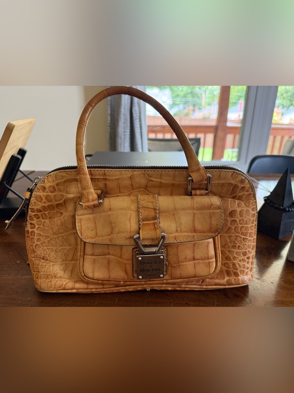 Vintage Dooney & Bourke Tan Croc-Embossed Satchel with Front Flap Pocket